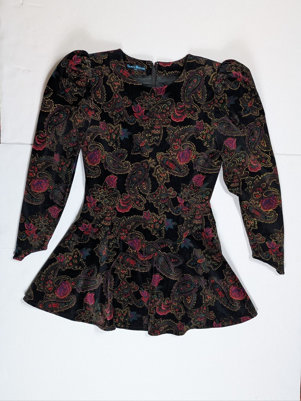 80s Nancy Miller Black Paisley Peplum Tunic Top